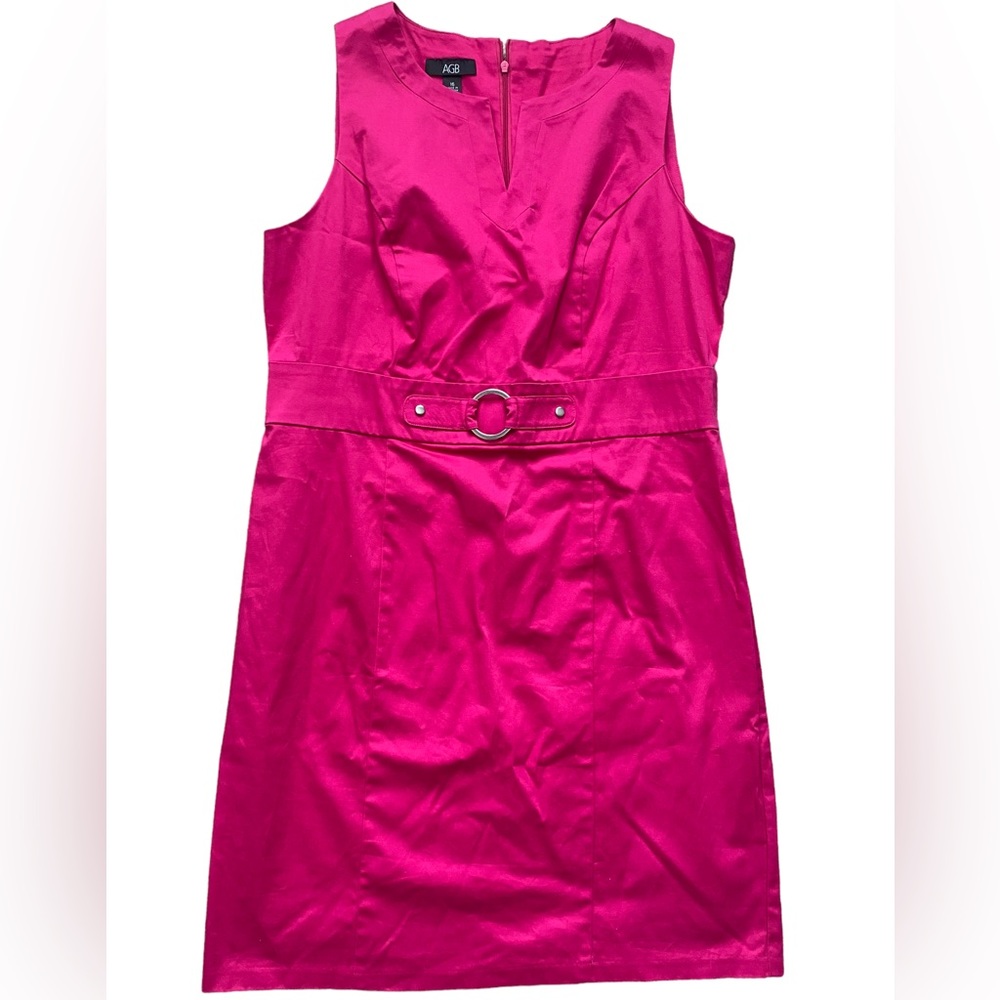 AGB Women's Hot Pink Sheath Dress V-Neck & Silver Detail at Waist Size 16